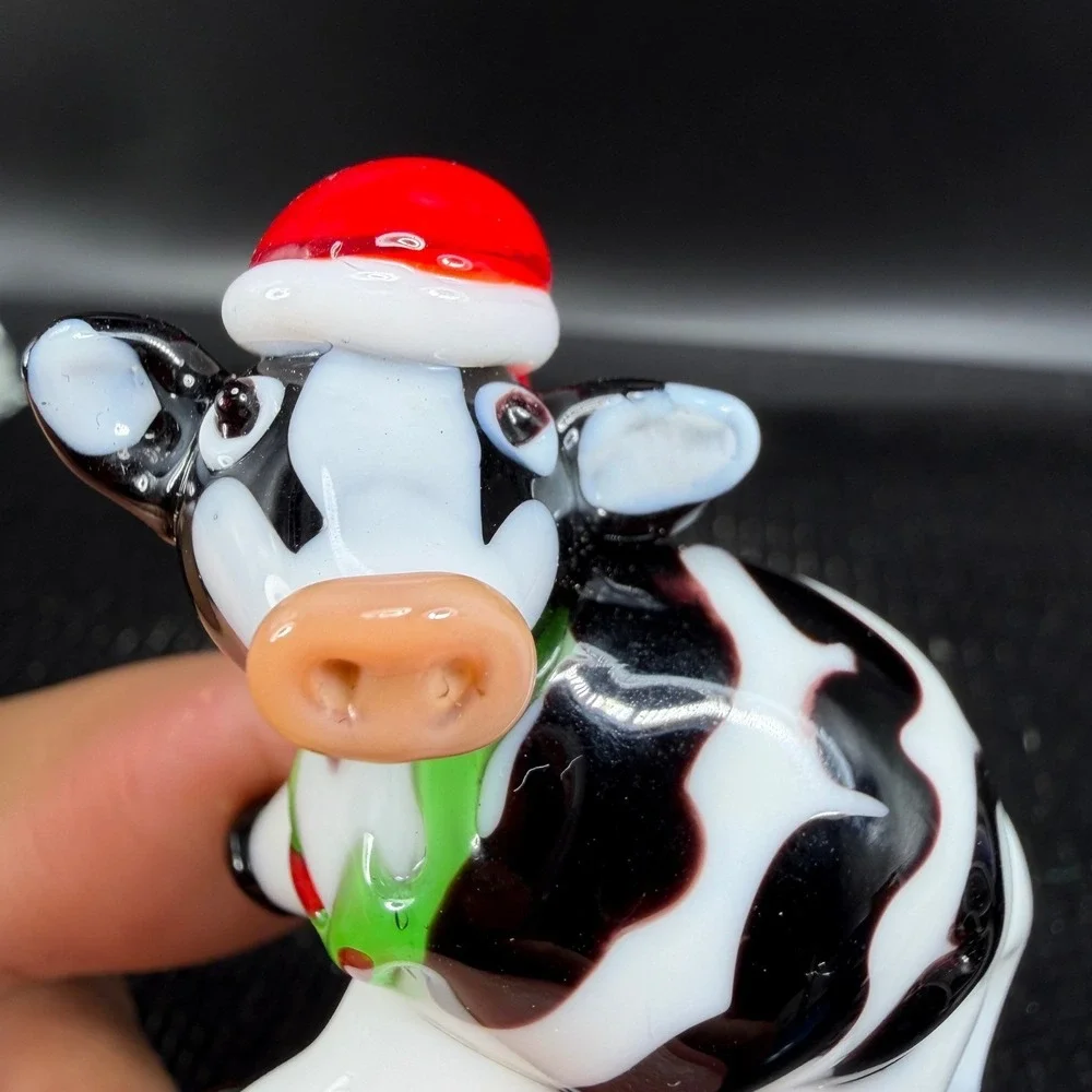 Pier 1 Glass Cow Figurine Santa Hat Christmas Holiday‎ Miniature 3 inch Figure